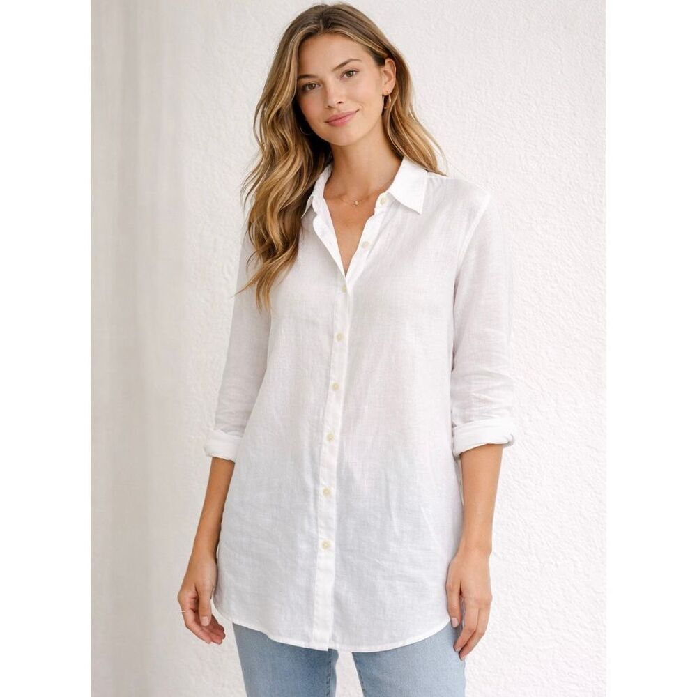 FLAX 100% Linen White Button Down Tunic Shirt Size S